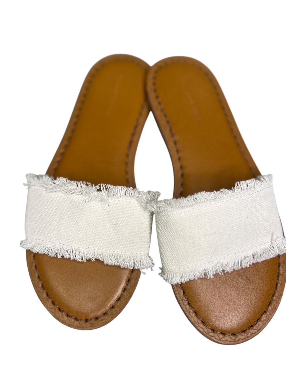 Vineyard Vines Marshmallow Canvas Frayed Edge Slip On Slide Sandals